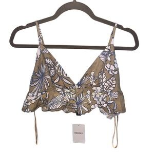 NWT Cropped Floral Beige & Blue Bralette Top Forever 21 Flutter Ruffle Tropical